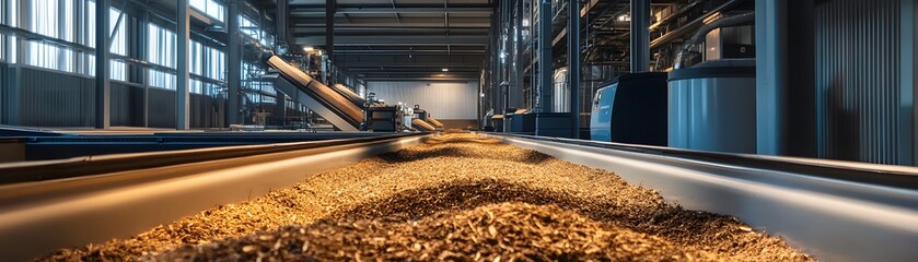 Poster - A close-up view of a modern industrial facility showcasing a conveyor belt transporting raw materials in an expansive warehouse environment.