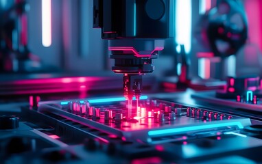 Poster - A close-up view of a sophisticated machine engaged in circuit board manufacturing, highlighted by vibrant neon lights that underscore advanced technology in production.