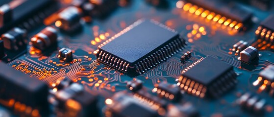 Poster - A close-up view of intricate microchip circuitry, showcasing detailed components and glowing connections that highlight the complexity of modern technology and innovation.
