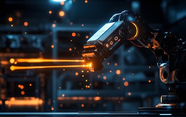 Poster - A futuristic robotic arm operates precisely with vibrant laser beams, showcasing advancements in automation and manufacturing in a high-tech environment.