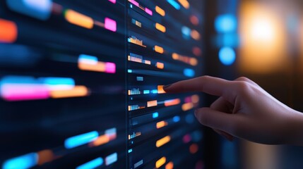 Poster - A close-up of a hand interacting with a digital interface displaying colorful data visualizations and information.