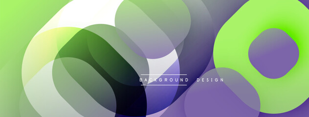Poster - Circular abstract design with overlapping translucent circles and round shapes, blending gradients and smooth curves, creating depth, contrast, and a dynamic visual effect