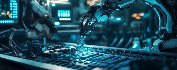 Poster - A highly detailed robotic arm skillfully works on a complex circuit board, showcasing the advanced technology in robotics and electronics in a futuristic setting.