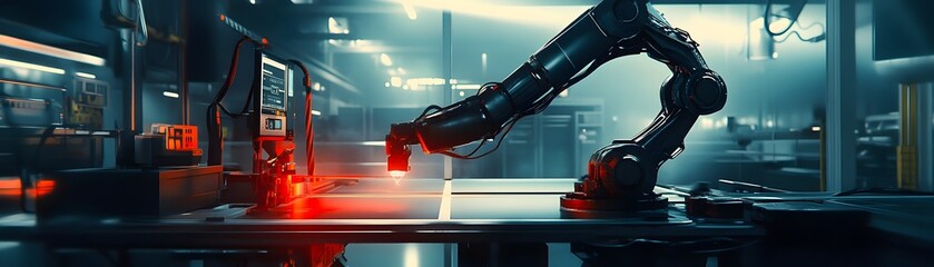 Poster - A high-tech robotic arm operates in an industrial setting, showcasing advanced automation and precision