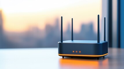 Poster - A sleek black Wi-Fi router with multiple antennas, illuminated by soft orange lights, sits on a table against a city skyline backdrop at sunset.