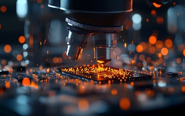 Poster - Close-up of a microscope focusing on a microchip, showcasing intricate details and glowing particles. Perfect for showcasing innovation and technology.