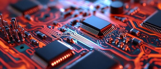 Poster - Close-up of a modern circuit board with intricate details, showcasing red and black components