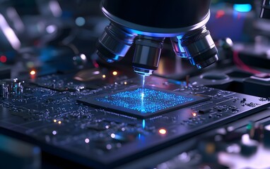 Poster - Close-up view of a microscope examining a computer chip, showcasing intricate details of technology and innovation in electronics.