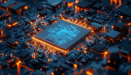 Poster - Close-up view of a computer chip on a circuit board, showcasing intricate details and vibrant orange lighting, representing the advancements in modern technology and electronics.
