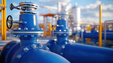 Poster - A close-up of industrial blue valves and pipes in a facility, showcasing precision engineering and infrastructure.
