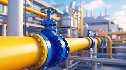 Poster - A close-up view of industrial piping and valves, showcasing bright yellow pipes and blue fittings, indicative of a modern facility.
