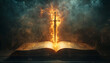 © Oleksiy - Sword of the spirit emerging from open holy bible surrounded by flames. A radiant sword rises from an open Holy Bible, enveloped in flames and smoke,