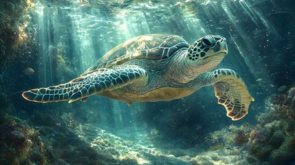 Wall Mural - Graceful sea turtle swimming through an underwater cave illuminated by sunlight
