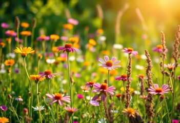 Wall Mural - vibrant wildflowers in lush meadow, sunlit, natural bokeh, natural, photography