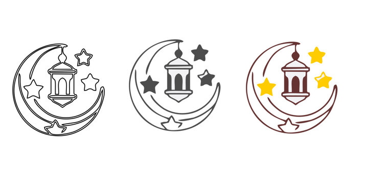 Collection of elements in the oriental style of Ramadan Kareem and Eid Mubarak, Islamic windows, arches, stars and moon, mosque doors, mosque domes and lanterns