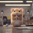 © Bilas AI - Adorable business hamster holding pen in office setting