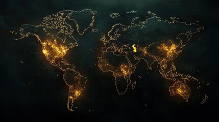 detailed world map outline with luminous city lights on dark textured background