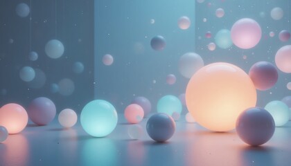 Poster - Dynamic light orbs floating in a minimalist studio abstract art installation ethereal environment aerial viewpoint contemporary concept for visual impact