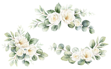 watercolor set of frames and wreaths with green eucalyptus leaves and white roses. greenery clipart 