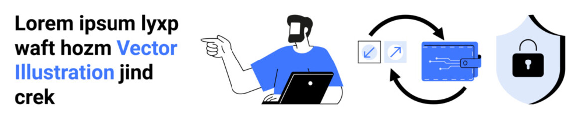 Man using laptop, infographic of file sharing, shield with padlock, and arrows denoting process flow. Ideal for cybersecurity, data management, file sharing, information safety, system updates IT