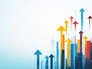 Poster - Urban cityscape with colorful arrows indicating direction and movement within a dynamic city environment
