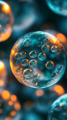 Poster - Close-up of translucent teal spheres containing smaller spheres, creating a depth and texture effect symbolizing cellular structure or cosmic elements, ideal for science or abstract designs