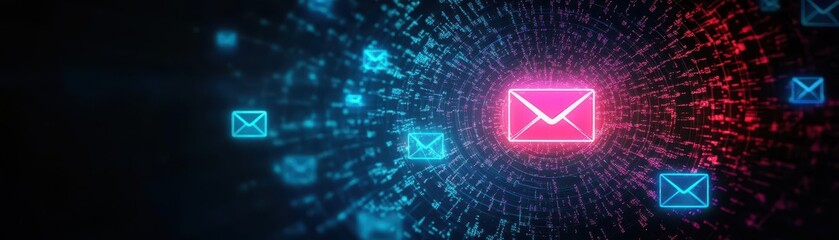 Poster - Bold red and blue email symbol surrounded by a deep black background creating a striking visual representation