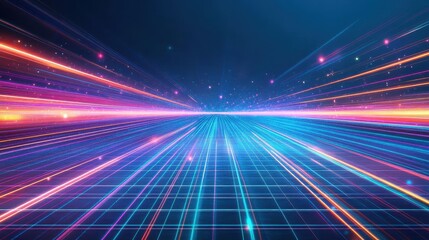 Poster - Futuristic cityscape with neon lines illuminating skyscrapers and abstract digital artistry of urban environments