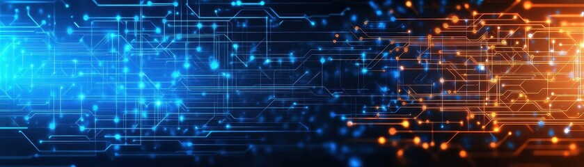 Fototapete - Abstract digital circuit featuring a blue and orange background with vibrant patterns and textures for creative design