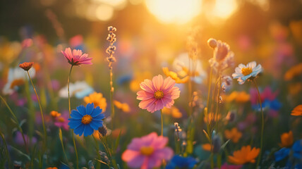 golden morning light over blooming wildflowers, flower, nature, flowers, garden, plant, spring, summ