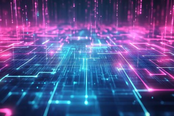 Leinwandbilder - Digital circuit design featuring glowing pink and blue lights creating an eye-catching abstract technology concept