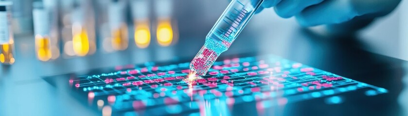 Poster - Scientist utilizing pipette to conduct blood sample testing highlighting the role of ai in genomic research solutions