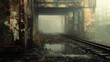 © leo_NARDO - Misty Abandoned Railway with Rusty Infrastructure and Puddles Reflecting Foggy Atmosphere