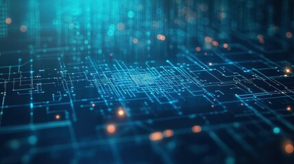 Fototapete - A circuit board with a blue background illustrating the integration of learning and artificial intelligence in technology
