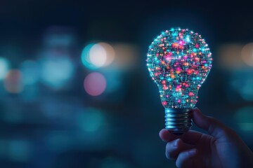 Poster - Light bulb displaying a pattern of colorful lights symbolizing creative thinking and innovative ideas in technology