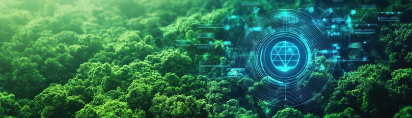Poster - Lush forest scene enhanced with a futuristic user interface displaying environmental data and analytics