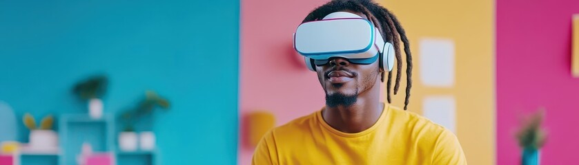 Aufkleber - Man engaged with immersive virtual reality technology wearing a vr device and experiencing a digital environment