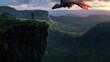 © mugi - A lone figure stands on a cliff as a majestic dragon soars above a lush valley at sunset