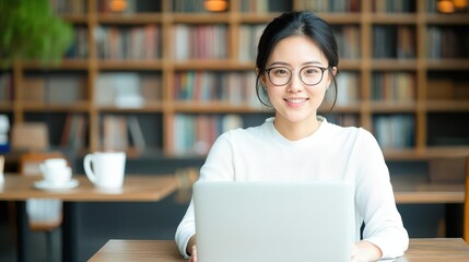Poster - Attractive asian woman sitting at a table with a laptop engaged in work in a cozy indoor space with soft, inviting lighting