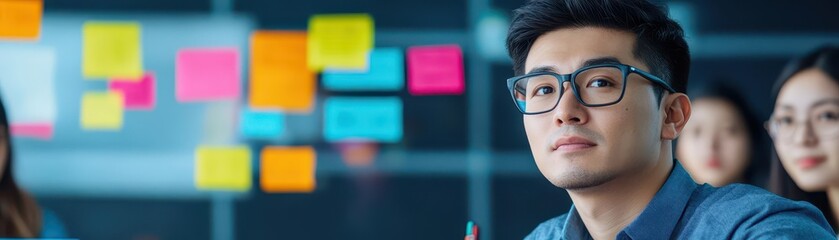 Poster - East asian entrepreneur with glasses looking up at a woman with sticky notes on wall in creative workspace