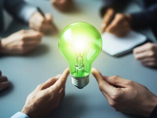 Poster - Close-up view of two hands holding a bright light bulb representing eco-friendly solutions and sustainable energy