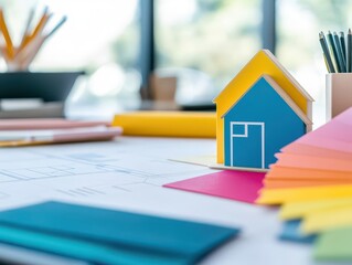 Poster - Detailed house model displayed on a desk in an interior designer's creative workspace setting with tools and materials