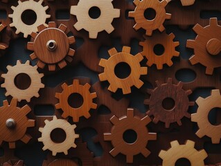 Leinwandbilder - Beautifully crafted wooden gears arranged in a complex pattern showcasing intricacy and engineering design