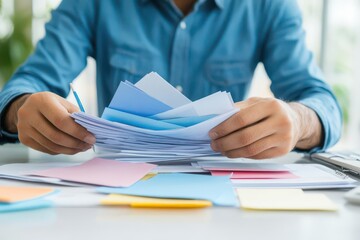 Poster - Person holding a stack of papers in a busy office setting indicating workload and responsibilities