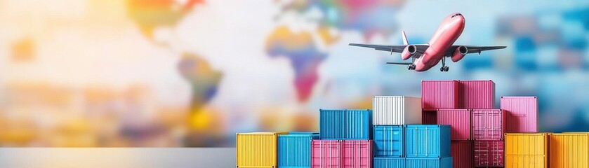 Poster - Airplane flying over stack of shipping containers representing global supply chain and international trade logistics