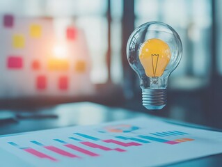 Aufkleber - Light bulb resting on a desk symbolizing ideas, creativity, and inspiration in a working environment