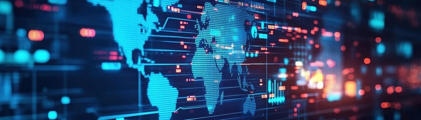 Poster - World map displayed on a screen for analyzing global conflict trends and insights in a modern professional environment