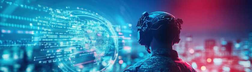 Poster - Futuristic soldier in advanced cyber suit analyzing global conflict trends with high-tech equipment in action
