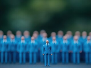 Poster - A miniature man standing in front of a group of people in blue suits depicting corporate dynamics and interaction