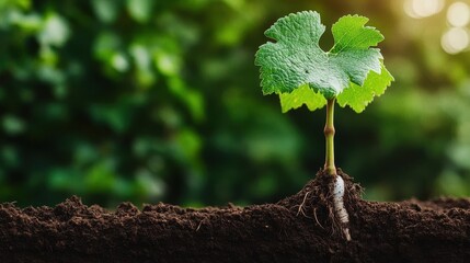 Poster - Young plant emerging from rich soil symbolizing new beginnings, growth, and the cycle of life in nature's garden